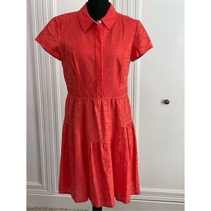 Diane Von Furstenberg Women's Red Eyelet Short-Sleeve Shirt Dress Size 12
